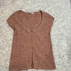 Madewell Ribbed Button Front Short Sleeve Knit Top Peach Marled Size M